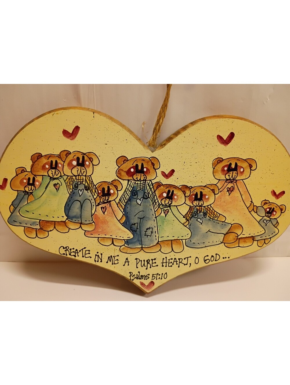 1980s Hand Painted Wooden Heart Wall Plaque Teddy Bears Country Core Psalms 51